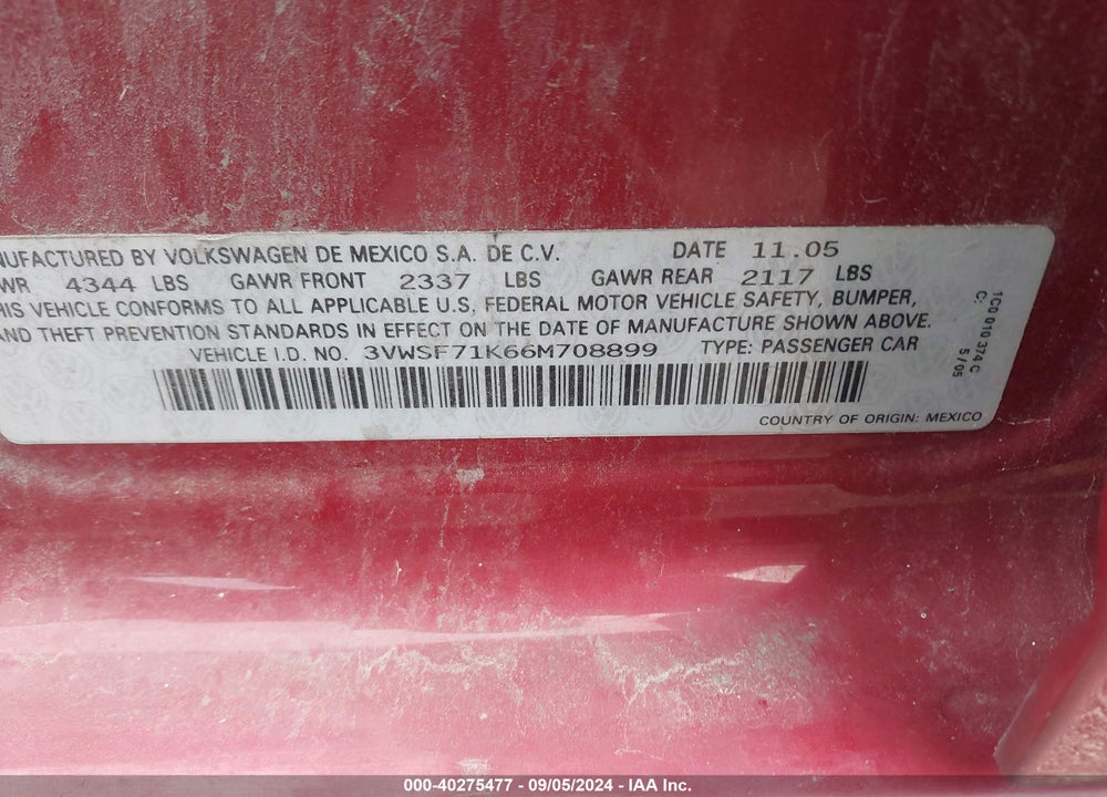 2006 VOLKSWAGEN JETTA 2.5 VIN: 3VWSF71K66M708899