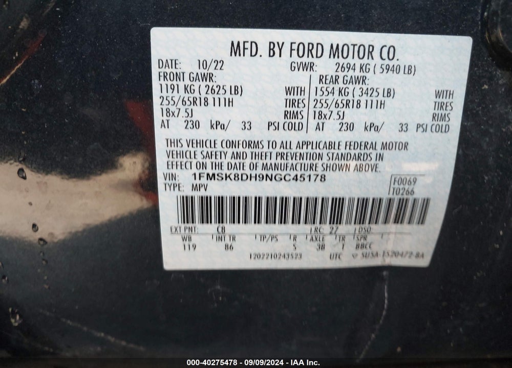 2022 FORD EXPLORER XLT VIN: 1FMSK8DH9NGC45178