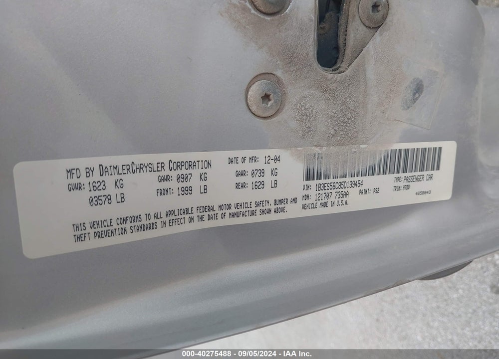 2005 DODGE NEON SXT VIN: 1B3ES56C85D139454