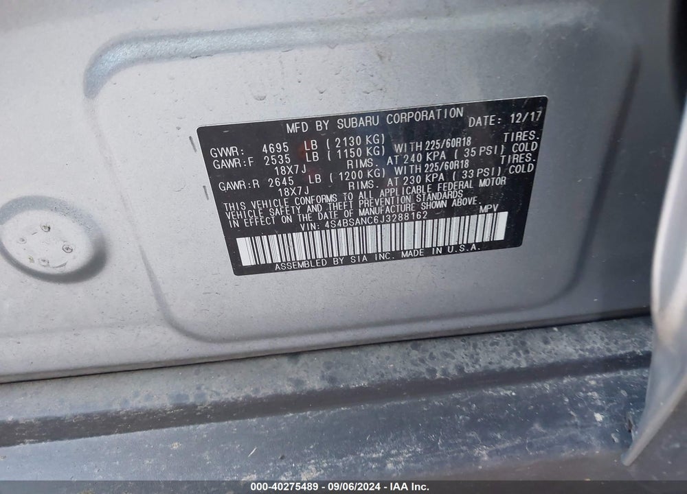 2018 SUBARU OUTBACK 2.5I LIMITED VIN: 4S4BSANC6J3288162