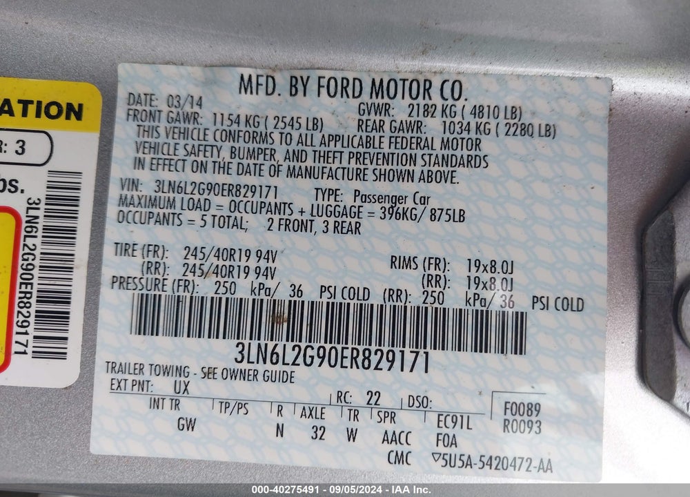 2014 LINCOLN MKZ VIN: 3LN6L2G90ER829171