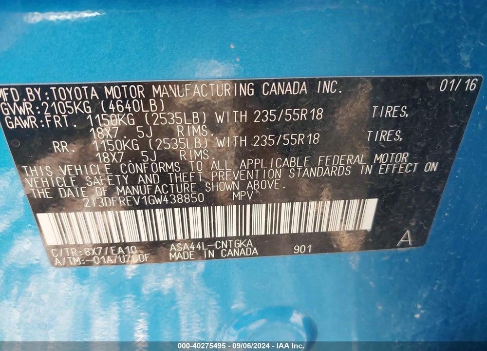 2016 TOYOTA RAV4 LIMITED VIN: 2T3DFREV1GW438850