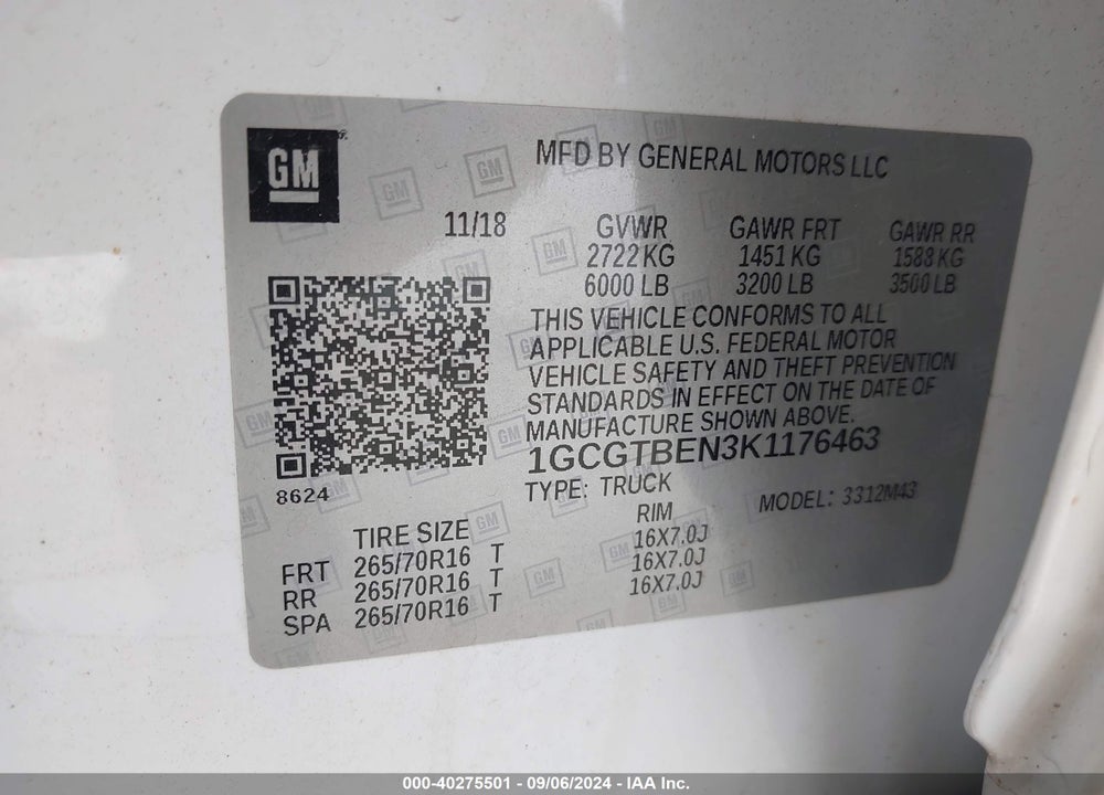 2019 CHEVROLET COLORADO WT VIN: 1GCGTBEN3K1176463