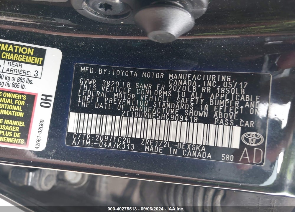2017 TOYOTA COROLLA SE VIN: 2T1BURHE5HC909418
