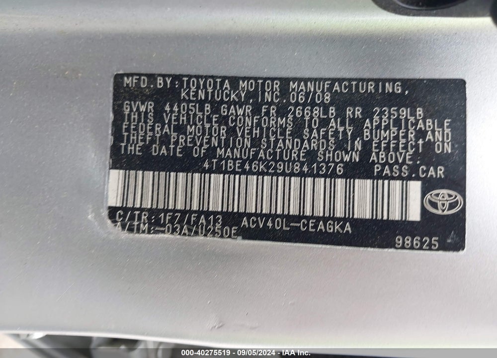 2009 TOYOTA CAMRY LE/SE/XLE VIN: 4T1BE46K29U841376