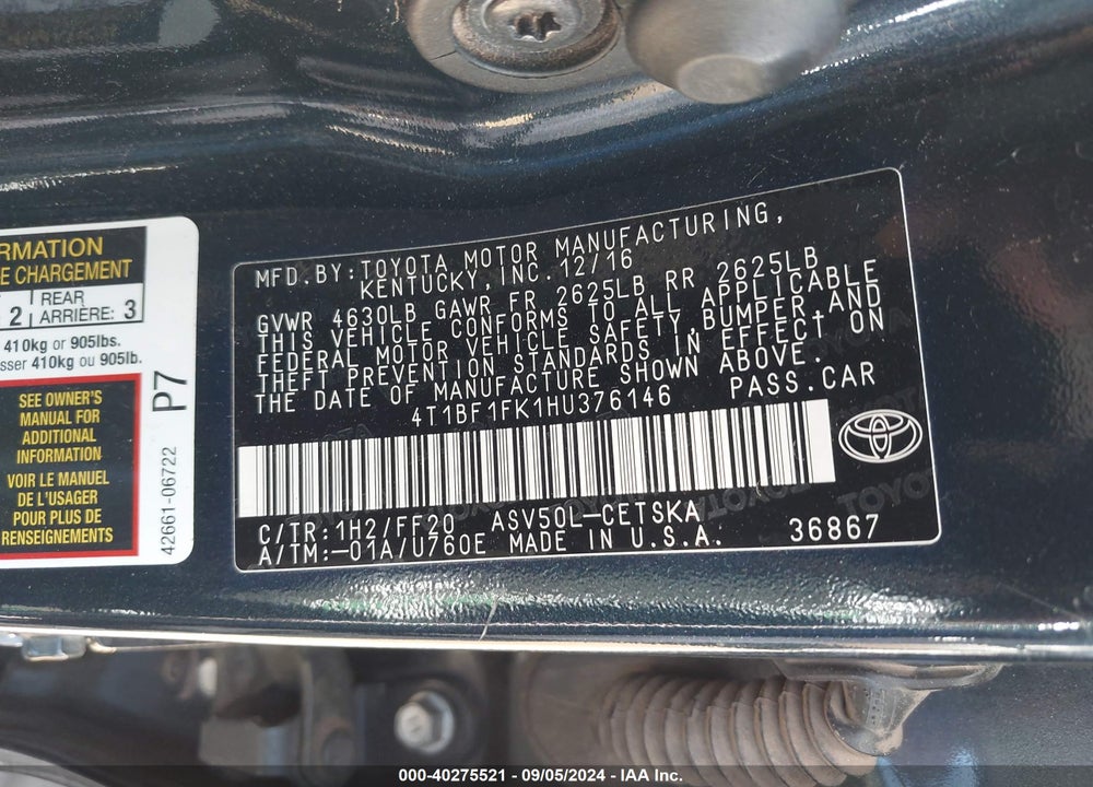 2017 TOYOTA CAMRY SE VIN: 4T1BF1FK1HU376146