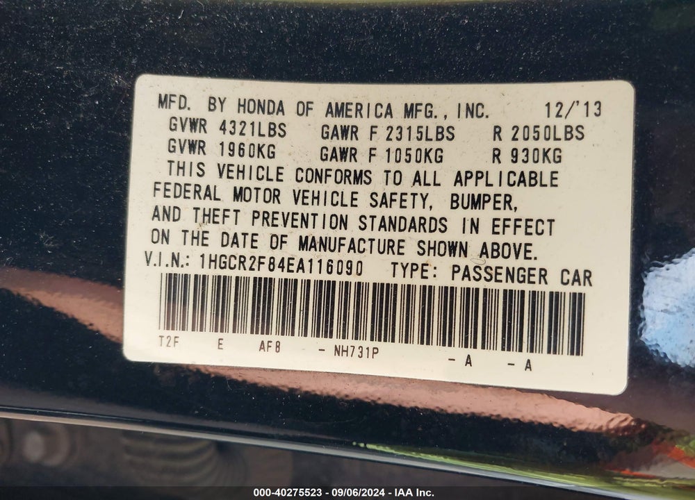 2014 HONDA ACCORD EX-L VIN: 1HGCR2F84EA116090