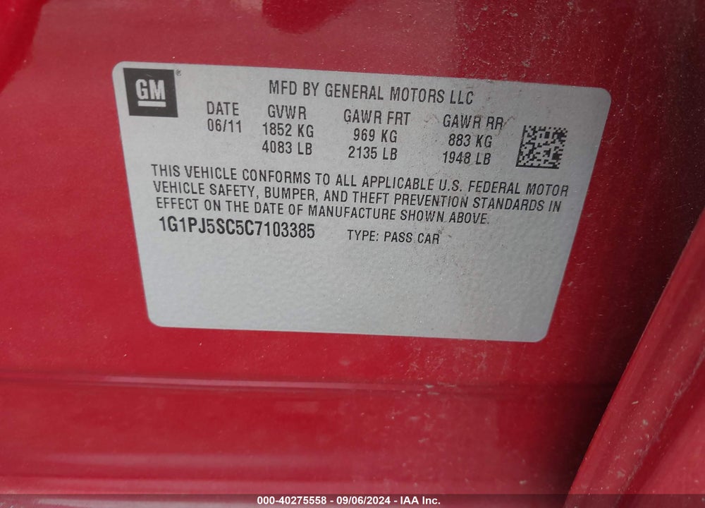 2012 CHEVROLET CRUZE ECO VIN: 1G1PJ5SC5C7103385