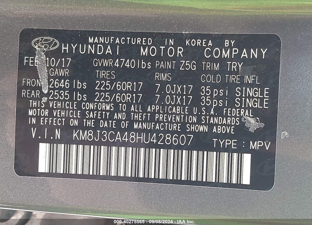 2017 HYUNDAI TUCSON SE PLUS VIN: KM8J3CA48HU428607