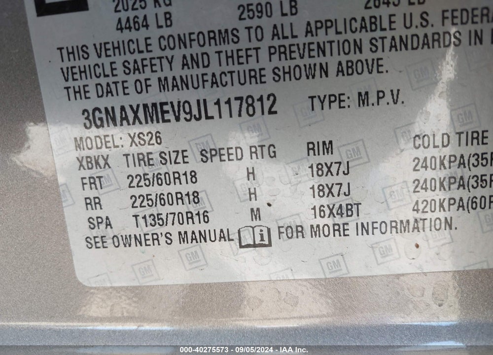 2018 CHEVROLET EQUINOX PREMIER VIN: 3GNAXMEV9JL117812