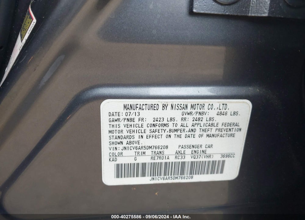 2013 INFINITI G37X VIN: JN1CV6AR5DM766208