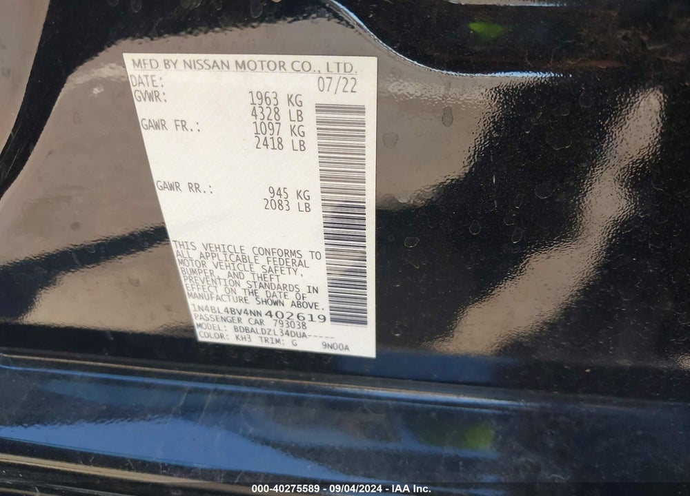 2022 NISSAN ALTIMA S FWD VIN: 1N4BL4BV4NN402619