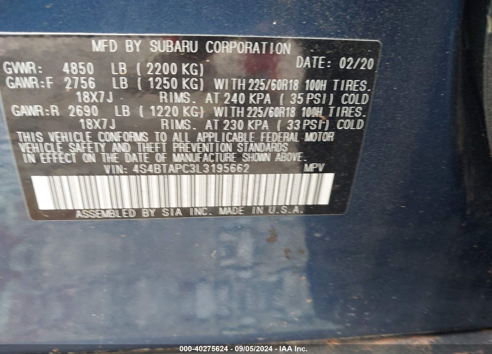 2020 SUBARU OUTBACK TOURING VIN: 4S4BTAPC3L3195662