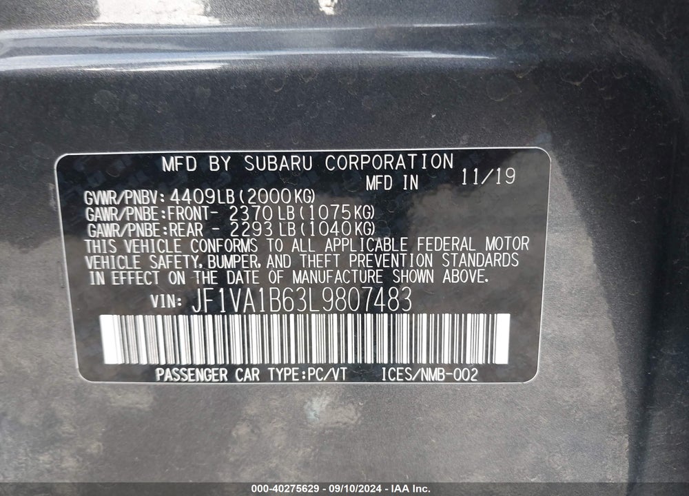 2020 SUBARU WRX PREMIUM VIN: JF1VA1B63L9807483