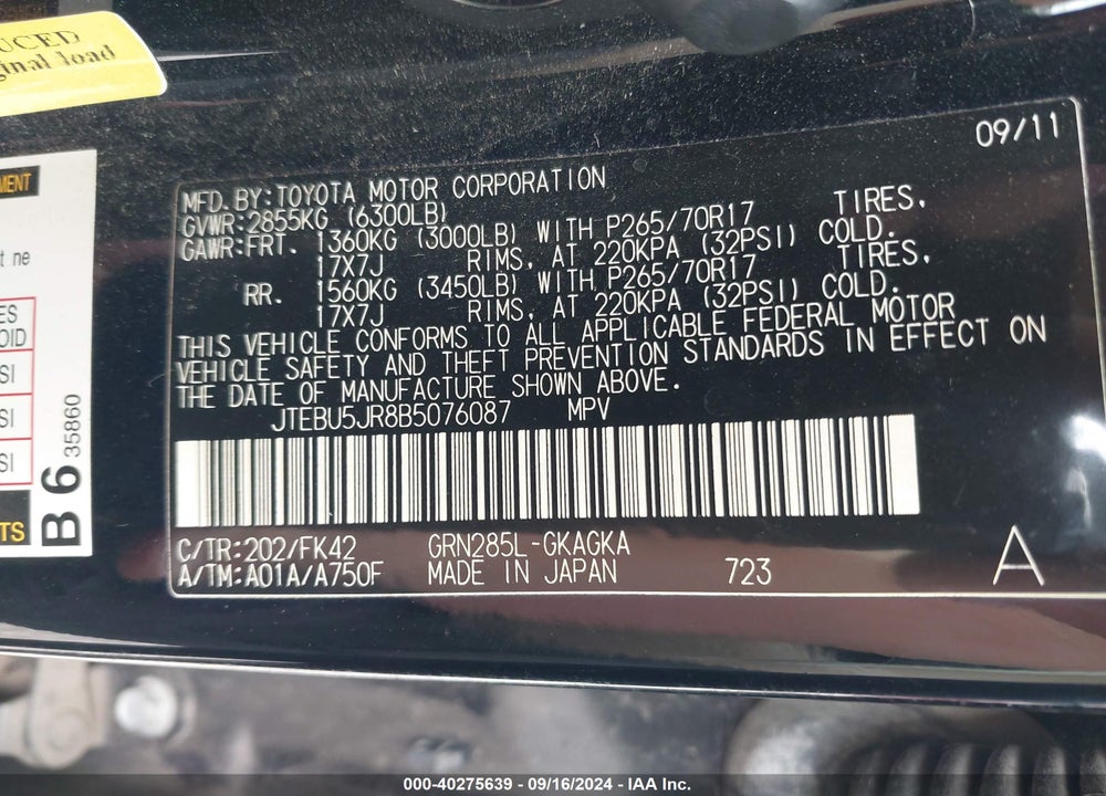 2011 TOYOTA 4RUNNER SR5 V6 VIN: JTEBU5JR8B5076087