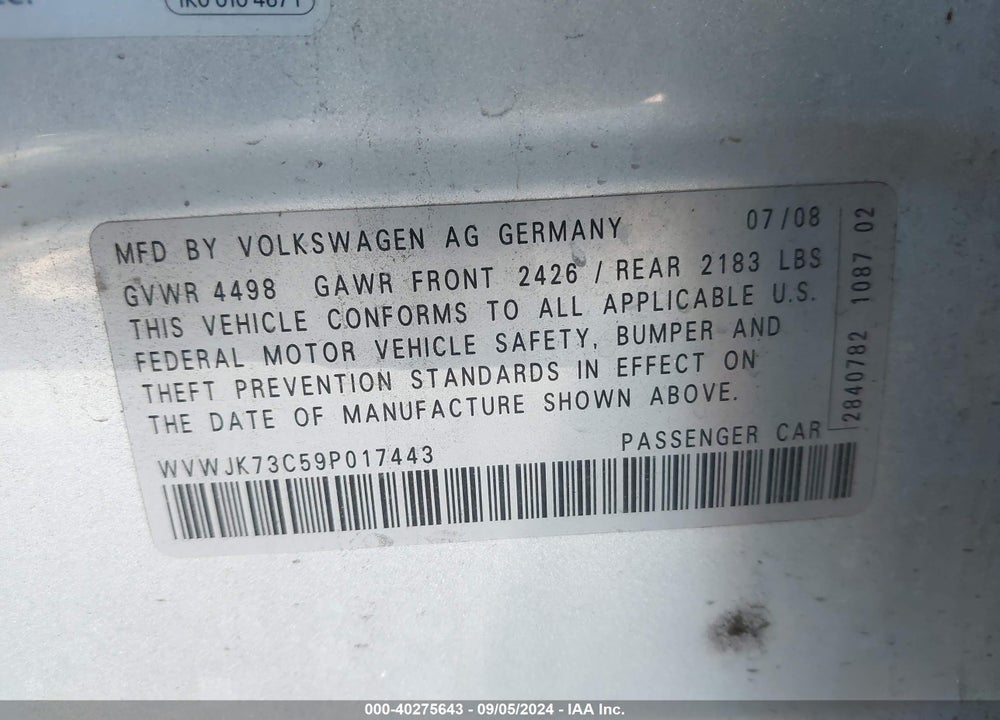 2009 VOLKSWAGEN PASSAT KOMFORT VIN: WVWJK73C59P017443