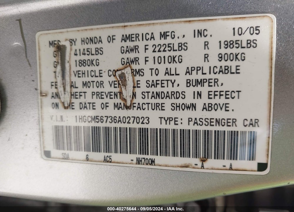 2006 HONDA ACCORD 2.4 EX VIN: 1HGCM56736A027023