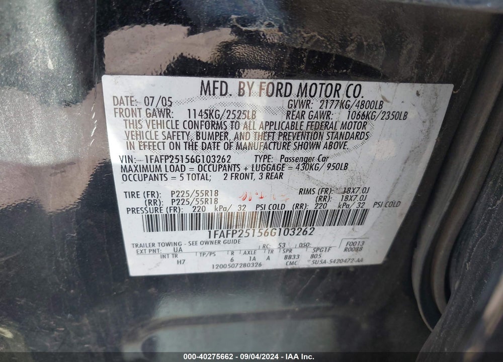 2006 FORD FIVE HUNDRED LIMITED VIN: 1FAFP25156G103262