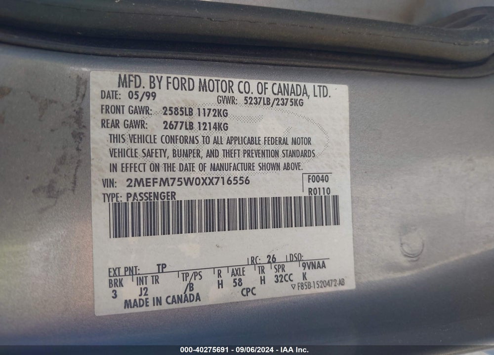 1999 MERCURY GRAND MARQUIS LS VIN: 2MEFM75W0XX716556