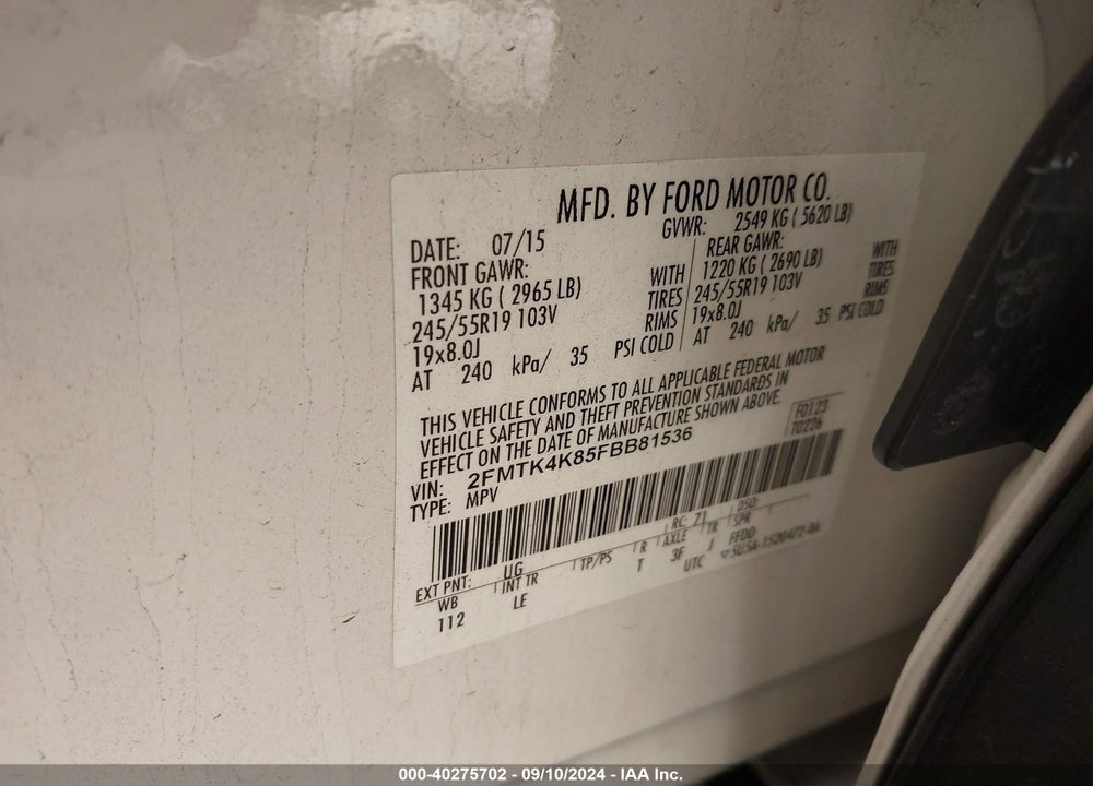 2015 FORD EDGE TITANIUM VIN: 2FMTK4K85FBB81536