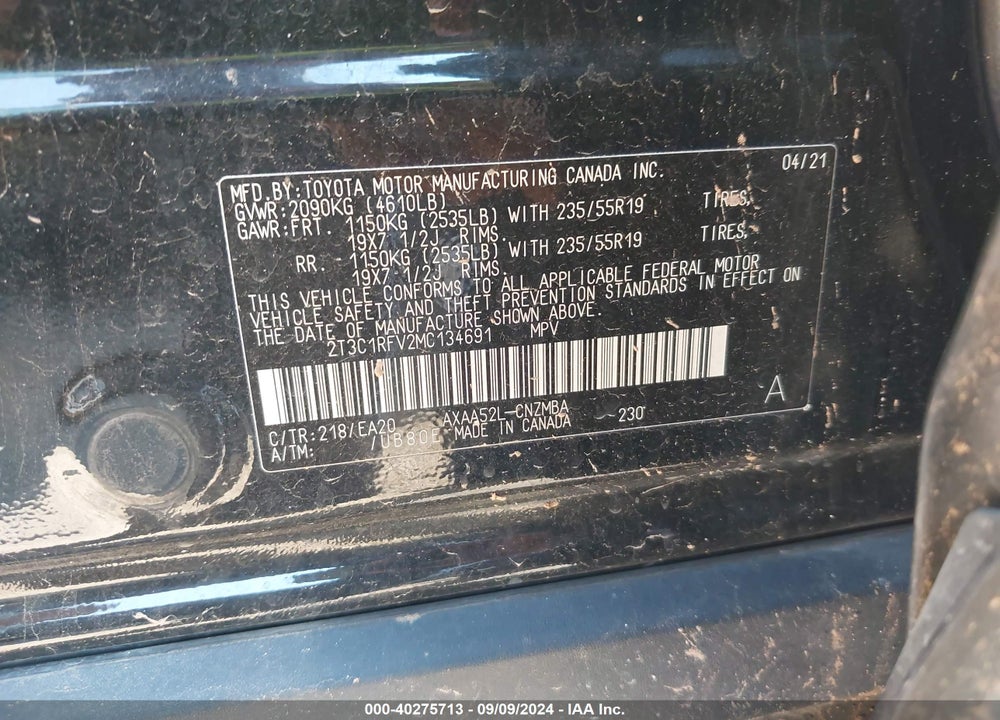 2021 TOYOTA RAV4 XLE PREMIUM VIN: 2T3C1RFV2MC134691
