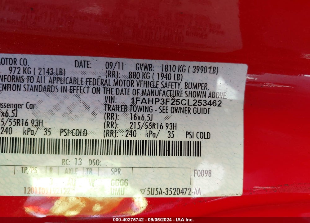 2012 FORD FOCUS SE VIN: 1FAHP3F25CL253462