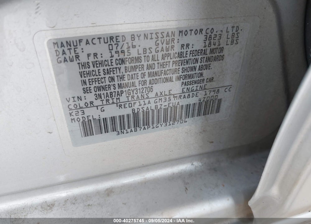 2016 NISSAN SENTRA S VIN: 3N1AB7AP1GY312706