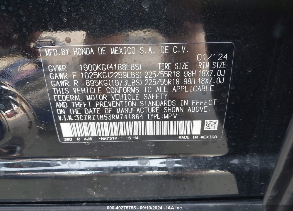 2024 HONDA HR-V 2WD SPORT/2WD SPORT W/O BSI VIN: 3CZRZ1H53RM741864