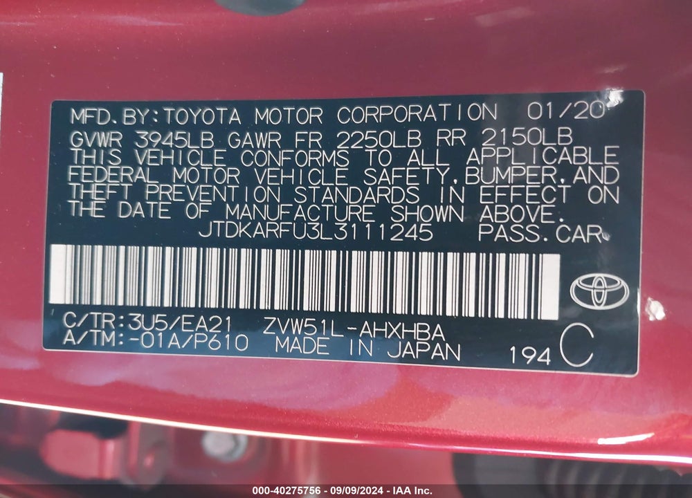 2020 TOYOTA PRIUS LIMITED VIN: JTDKARFU3L3111245
