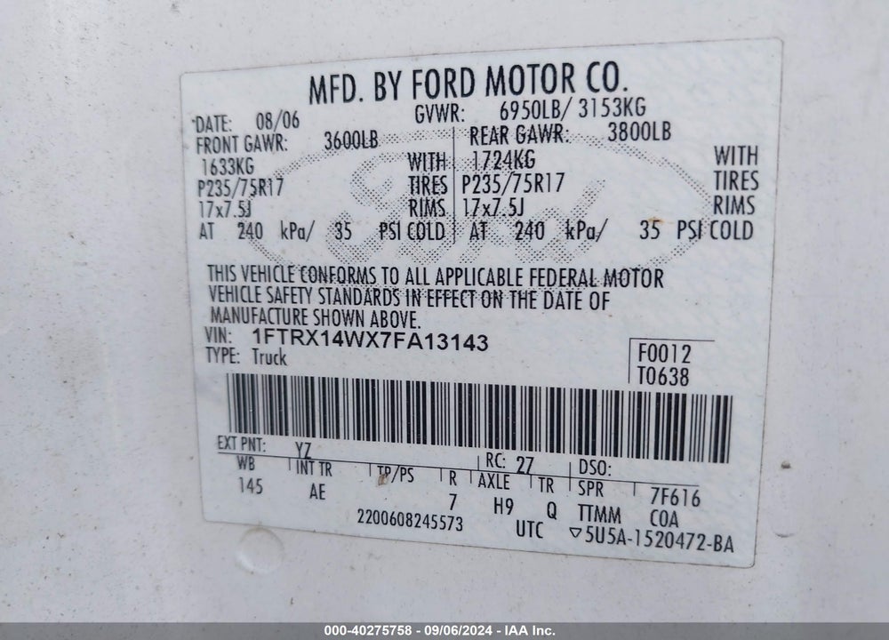 2007 FORD F-150 FX4/STX/XL/XLT VIN: 1FTRX14WX7FA13143