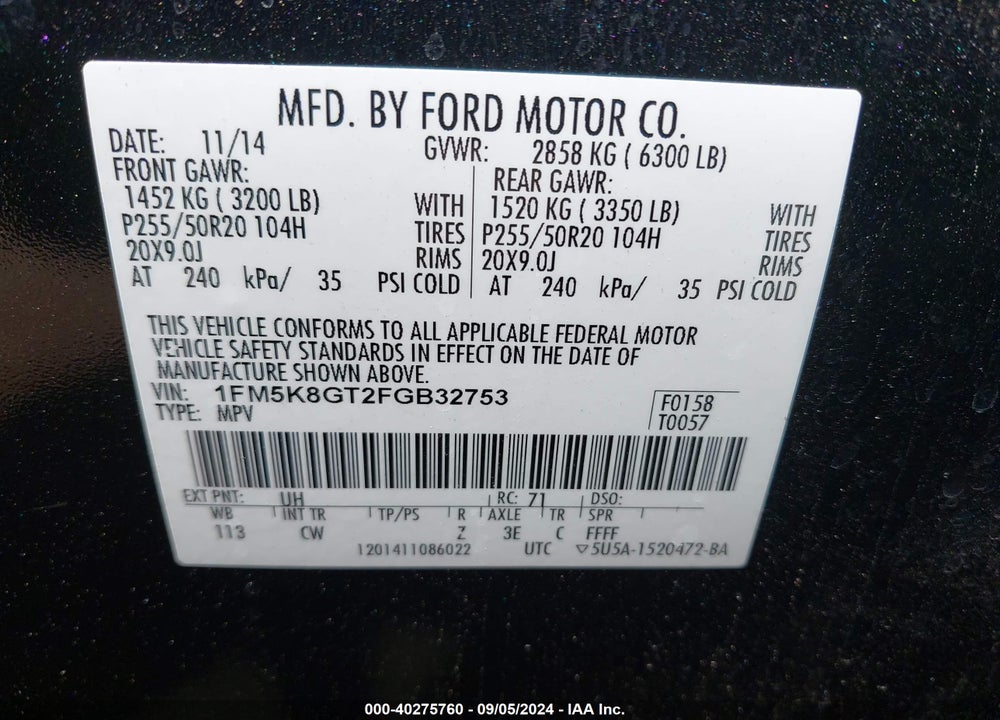 2015 FORD EXPLORER SPORT VIN: 1FM5K8GT2FGB32753