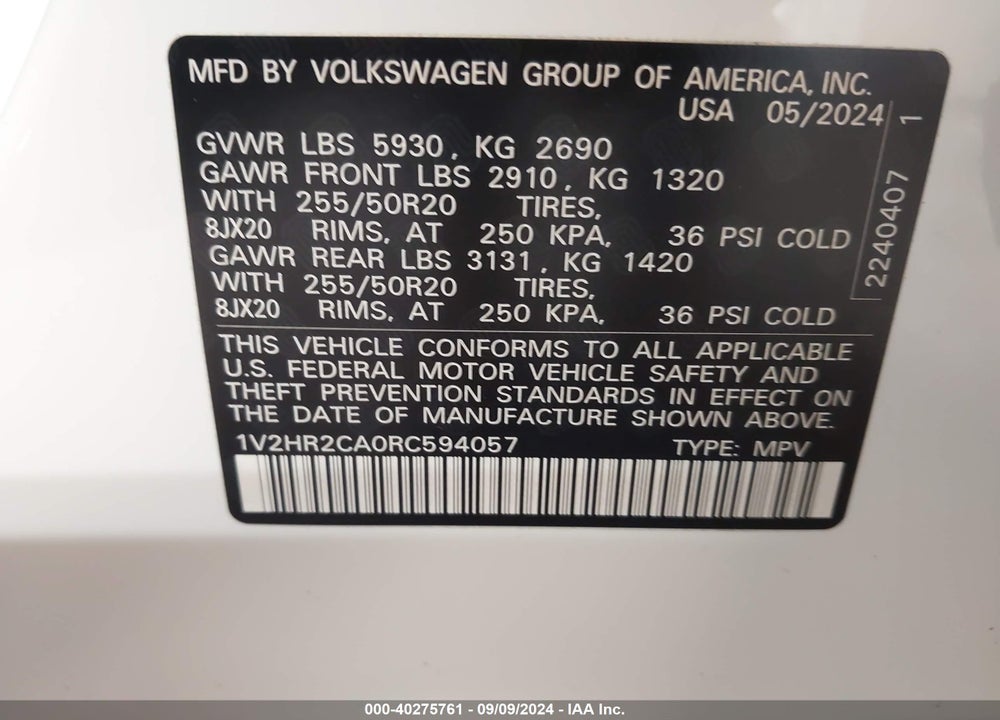 2024 VOLKSWAGEN ATLAS 2.0T SE W/TECHNOLOGY VIN: 1V2HR2CA0RC594057