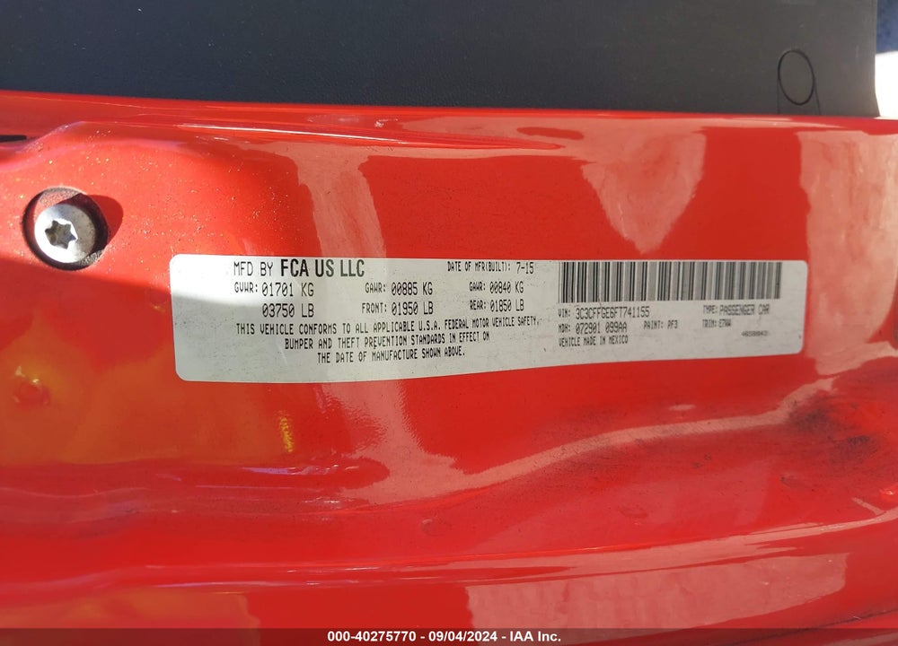 2015 FIAT 500E BATTERY ELECTRIC VIN: 3C3CFFGE6FT741155