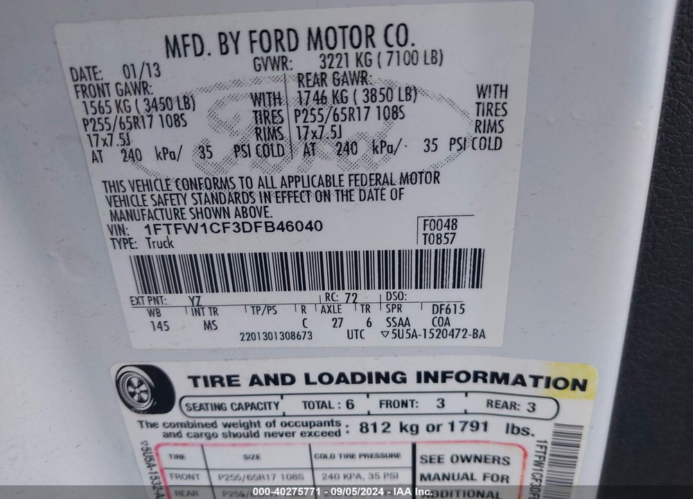 2013 FORD F-150 XLT VIN: 1FTFW1CF3DFB46040
