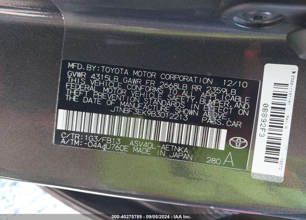 2011 TOYOTA CAMRY LE VIN: JTNBF3EK9B3012213