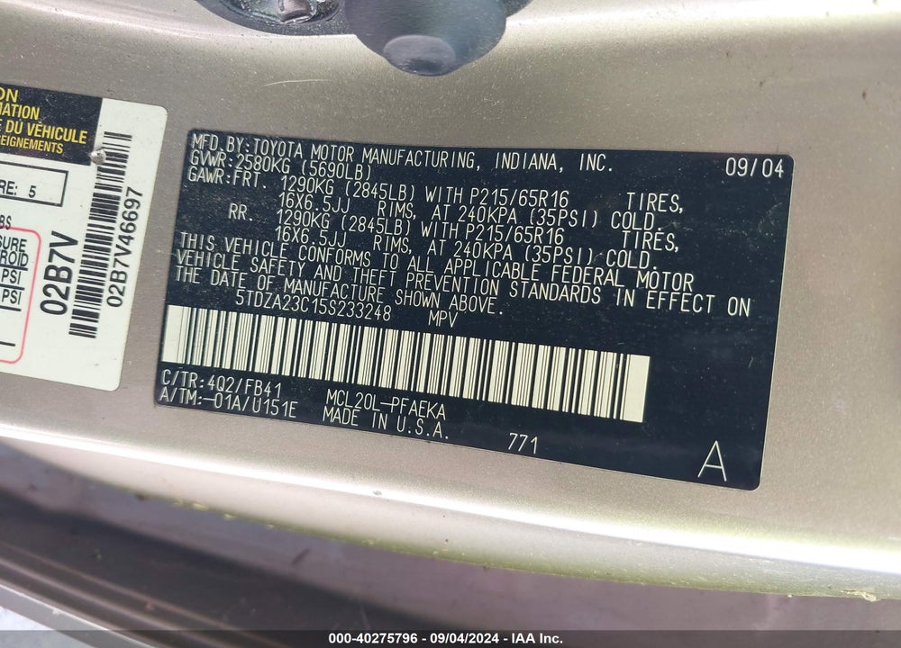 2005 TOYOTA SIENNA LE VIN: 5TDZA23C15S233248