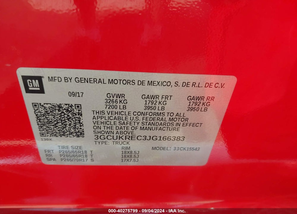 2018 CHEVROLET SILVERADO 1500 2LT VIN: 3GCUKREC3JG166383
