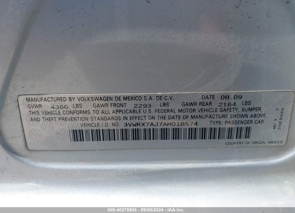 2010 VOLKSWAGEN JETTA SE VIN: 3VWRX7AJ7AM018574