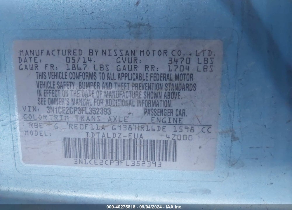 2015 NISSAN VERSA NOTE S (SR)/S PLUS/SL/SR/SV VIN: 3N1CE2CP3FL352393