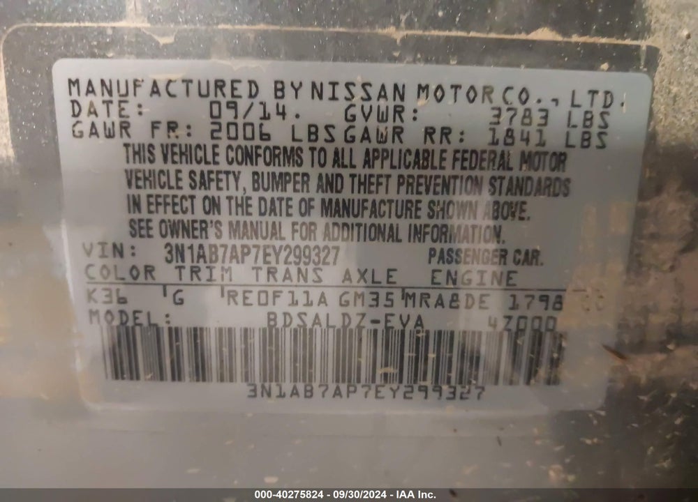 2014 NISSAN SENTRA SV VIN: 3N1AB7AP7EY299327