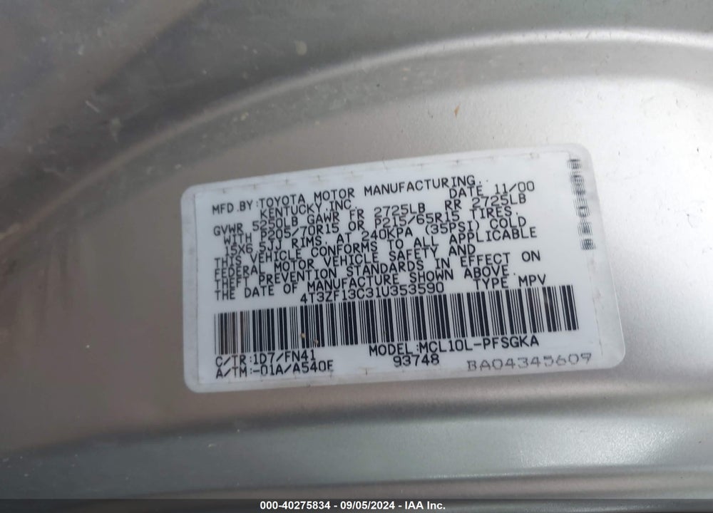 2001 TOYOTA SIENNA LE VIN: 4T3ZF13C31U353590