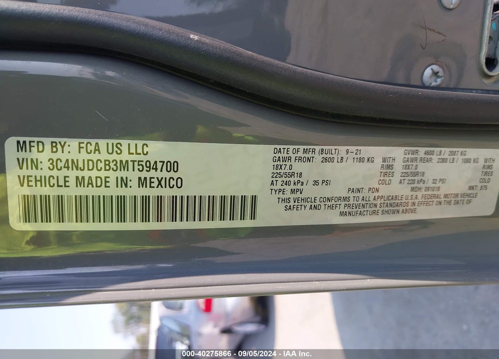 2021 JEEP COMPASS VIN: 3C4NJDCB3MT594700