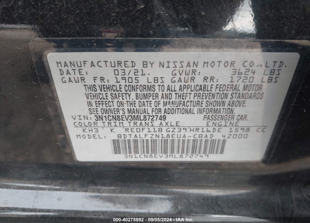 2021 NISSAN VERSA SV XTRONIC CVT VIN: 3N1CN8EV3ML872749