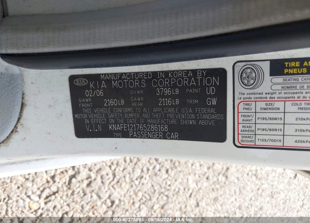 2006 KIA SPECTRA EX/LX/SX VIN: KNAFE121765286168