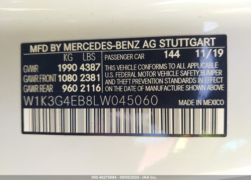 2020 MERCEDES-BENZ A 220 VIN: W1K3G4EB8LW045060