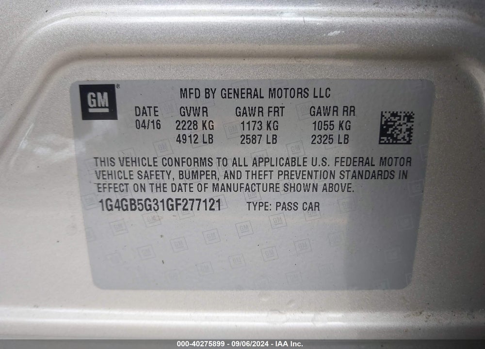 2016 BUICK LACROSSE LEATHER VIN: 1G4GB5G31GF277121