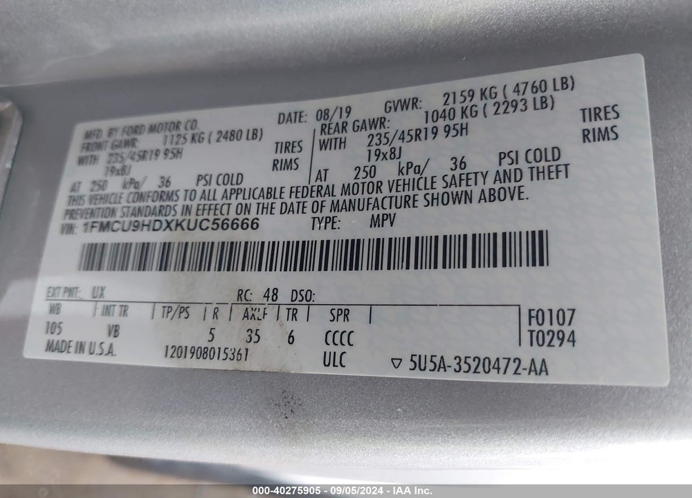 2019 FORD ESCAPE SEL VIN: 1FMCU9HDXKUC56666