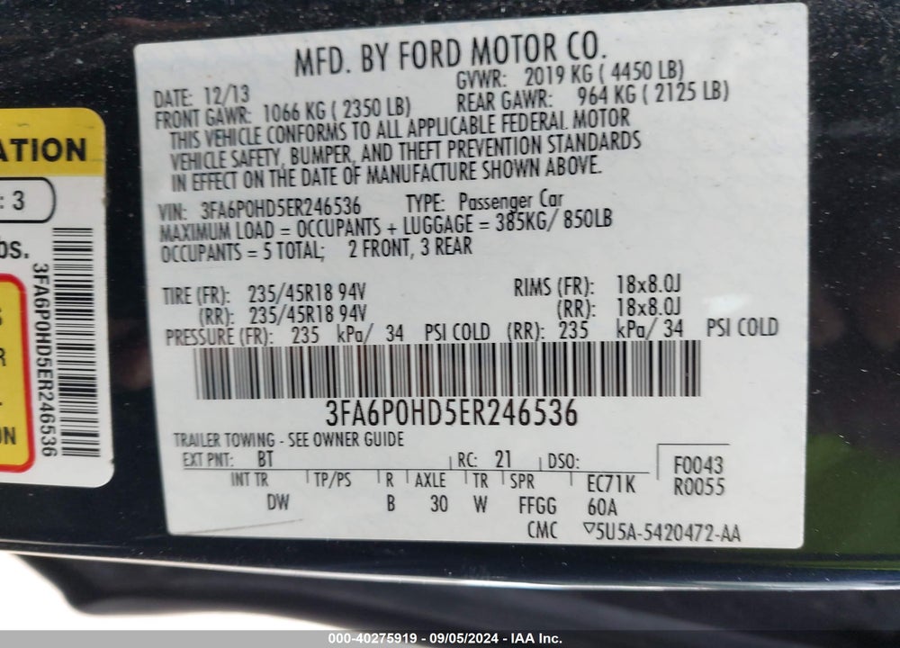 2014 FORD FUSION SE VIN: 3FA6P0HD5ER246536