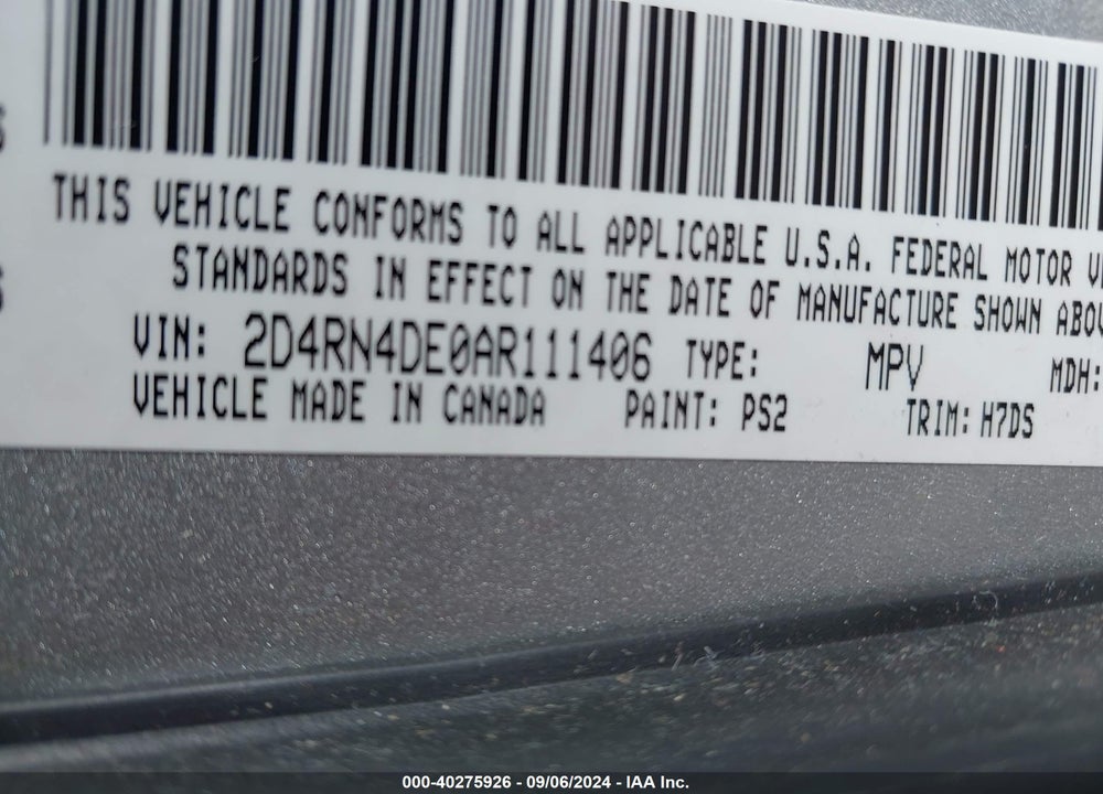 2010 DODGE GRAND CARAVAN SE VIN: 2D4RN4DE0AR111406