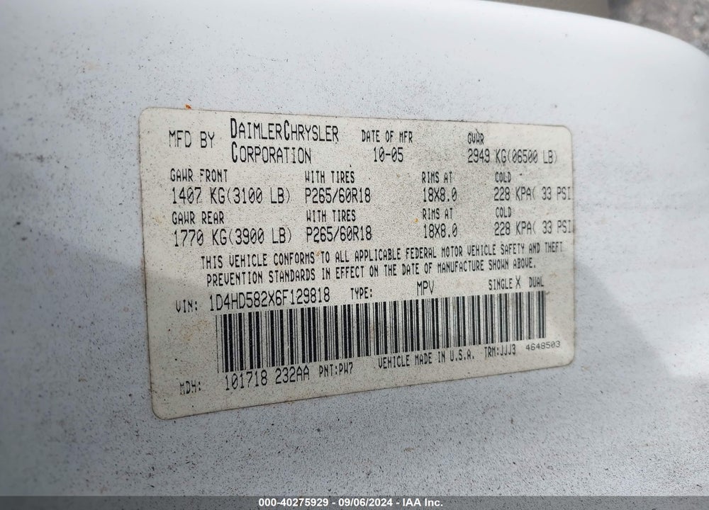 2006 DODGE DURANGO LIMITED VIN: 1D4HD582X6F129818